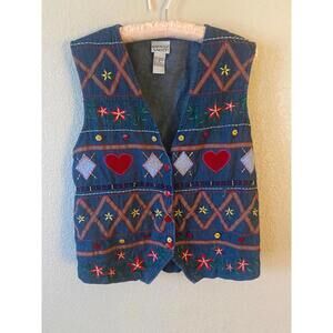 Vtg Denim Vest Embroidered 90s Button Plaid Heart Cotton Medium